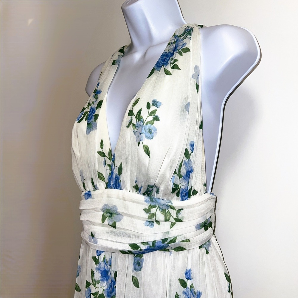 Disney Princess White/Blue Floral Chiffon High-Low Halter Dress L Fairy Cottage - Picture 3 of 6